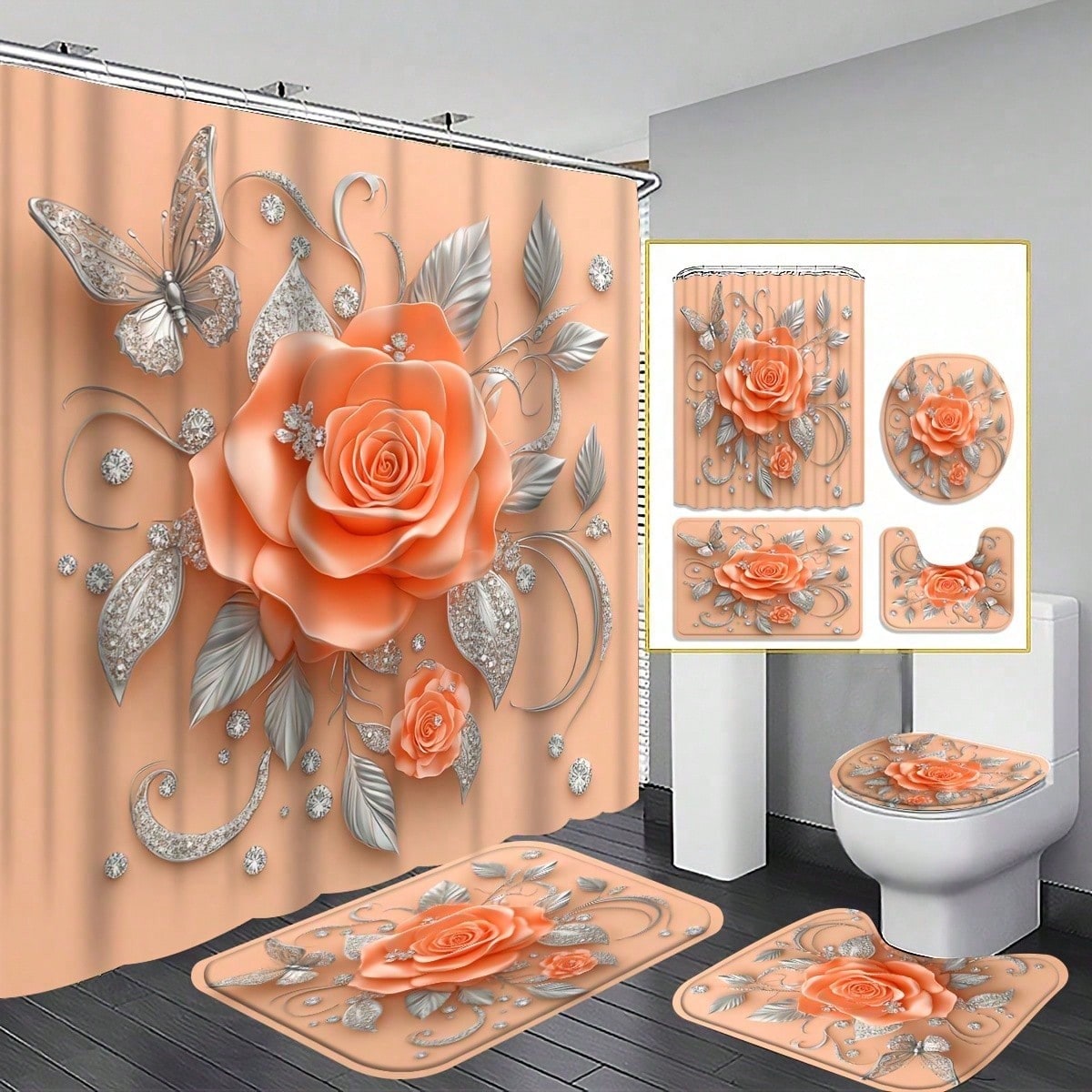 Tiny Home Bathroom Kit - 1/3/4pcs Peachy Roses Shower Curtain Set,