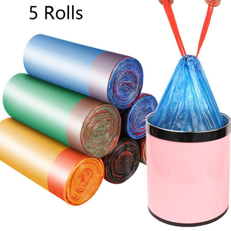 Home Bathroom Cleaning - 75Pcs 5 Rolls Drawstring Garbage Bags