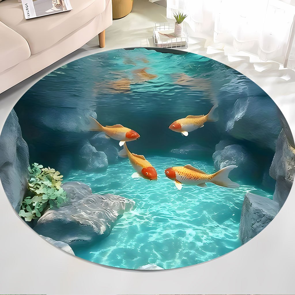 Home Bathroom Scene - Koi Fish Pond Round Rug Fleece