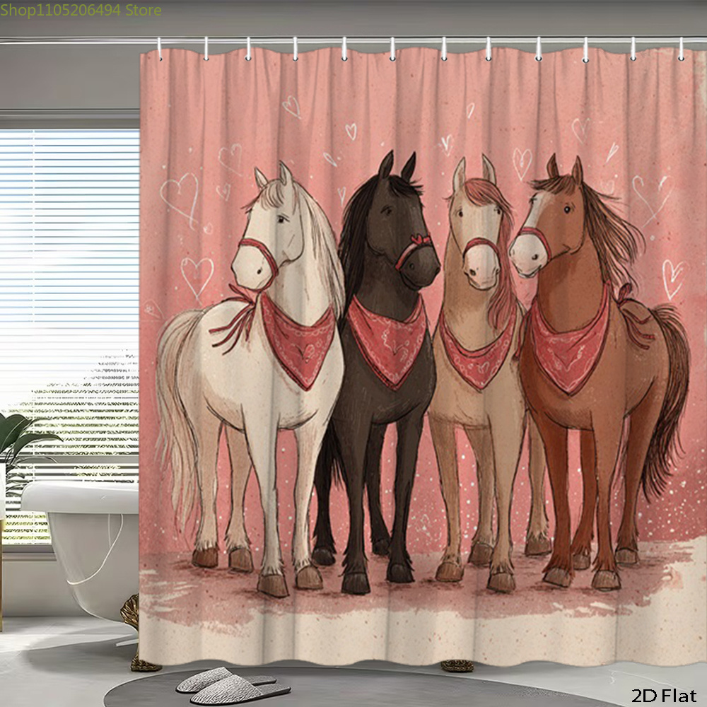 Home Bathroom Ideas - Cute Horses Shower Curtain, Cartoon Animal